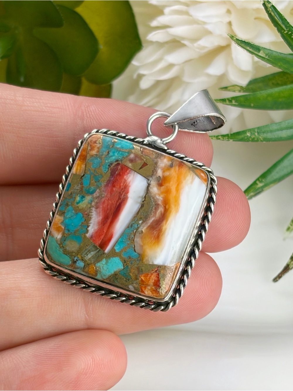 Southwest Square Oyster Turquoise Pendant Sterling Silver 925 Overlay Handmade
